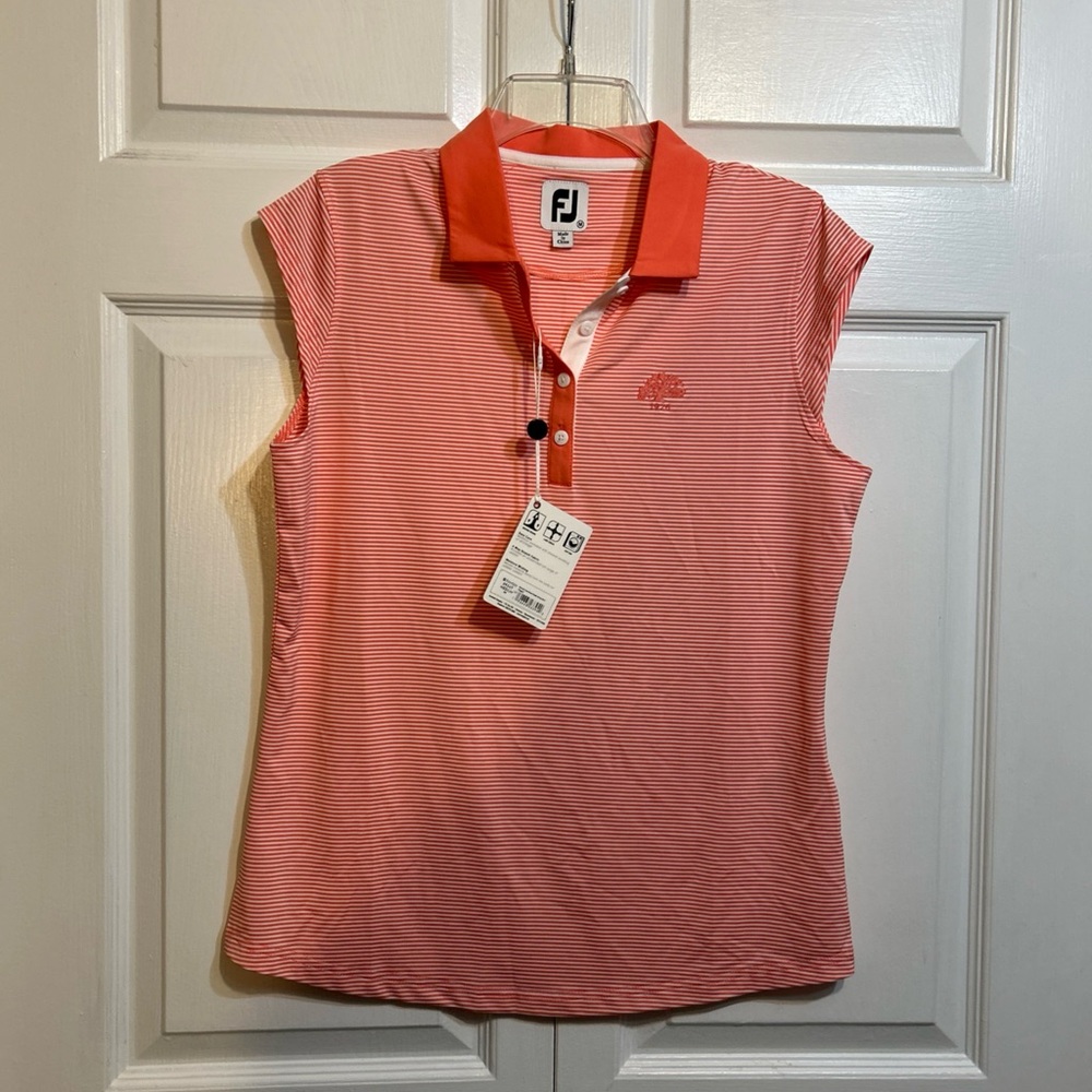 NWT FootJoy FJ Women’s Cap Sleeve Golf Shirt Top Striped Size M Medium Peach Whi